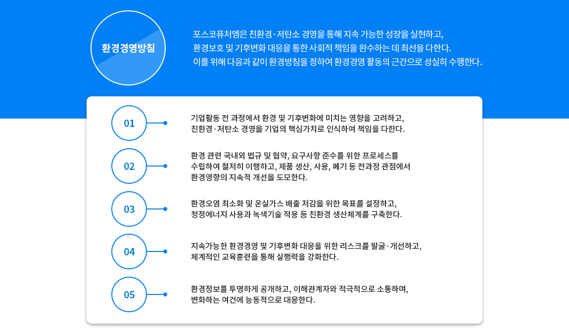 환경경영방침 포스코퓨처엠은 친환경·저탄소 경영을 통해 지속 가능한 성장을 실현하고, 환경보호 및 기후변화 대응을 통한 사회적 책임을 완수하는데 최선을 다한다. 이를 위해 다음과 같이 환경방침을 정하여 환경경영 활동의 근간으로 성실히 수행한다. 01: 기업활동 전 과정에서 환경 및 기후변화에 미치는 영향을 고려하고, 친환경·저탄소 경영을 기업의 핵심가치로 인식하여 책임을 다한다. 2: 환경 관련 국내외 법규 및 협약, 요구사항 준수를 위한 프로세스를 수립하여 철저히 이행하고, 제품생산, 사용, 폐기 등 전과정 관점에서 환경영향의 지속적 개선을 도모한다. 3: 환경오염 최소화 및 온실가스 배출 저감을 위한 목표를 설정하고, 청정에너지 사용과 녹색기술 적용 등 친환경 생산체계를 구축한다. 4: 지속가능한 환경경영 및 기후변화 대응을 위한 리스크를 발굴·개선하고, 체계적인 교육훈련을 통해 실행력을 강화한다. 5: 환경정보를 투명하게 공개하고, 이해관계자와 적극적으로 소통하며, 변화하는 여건에 능동적으로 대응한다.