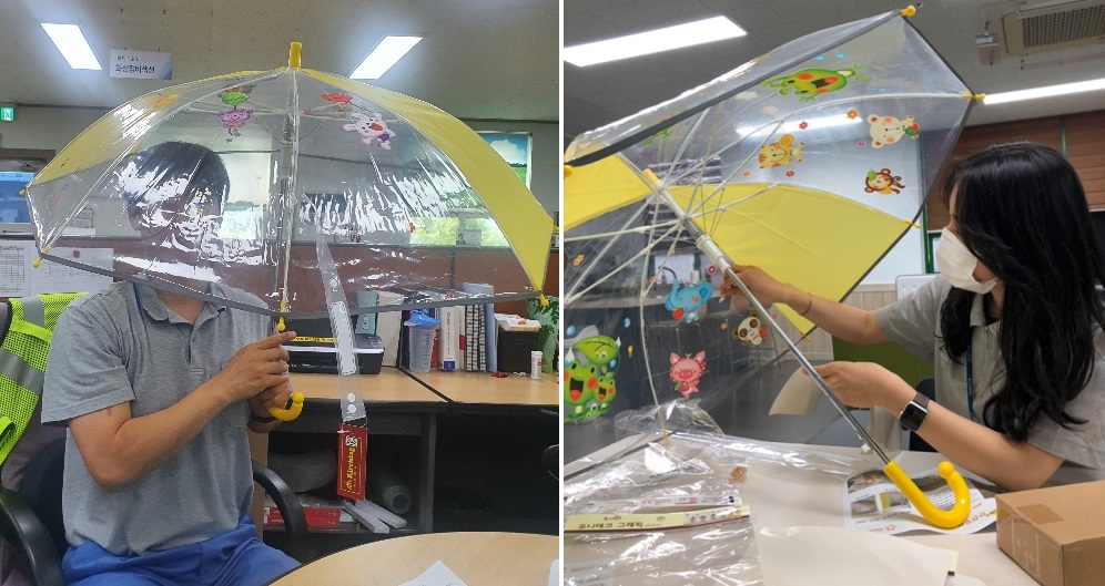 포스코케미칼 임직원들이 형광 안전우산을 만드는 모습